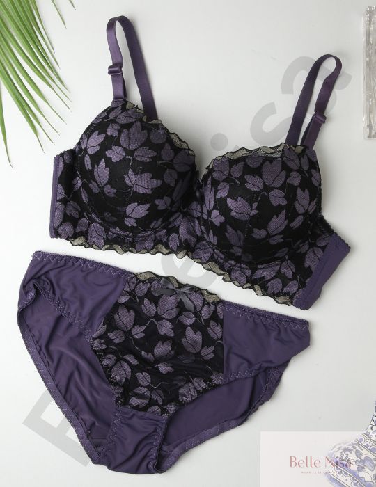 Elegant Padded Leaf Lace Bra & Panty Set – Colorful & Feminine