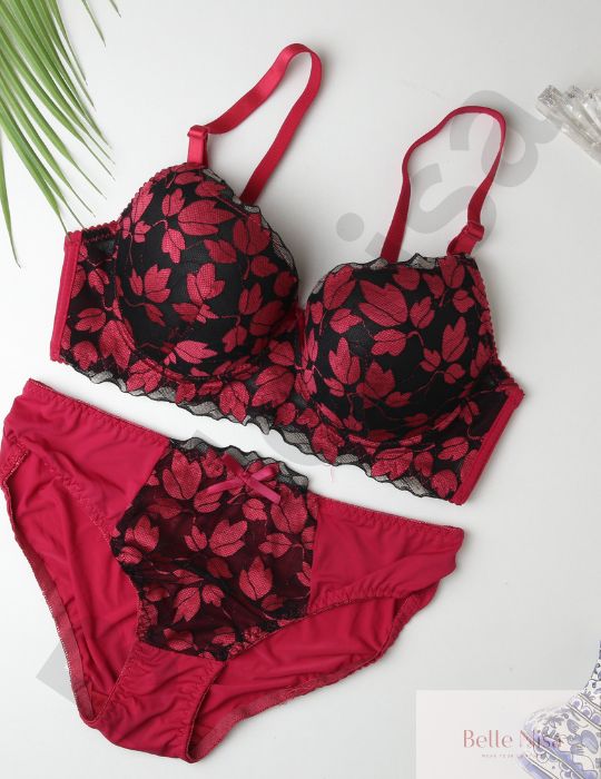 Elegant Padded Leaf Lace Bra & Panty Set – Colorful & Feminine
