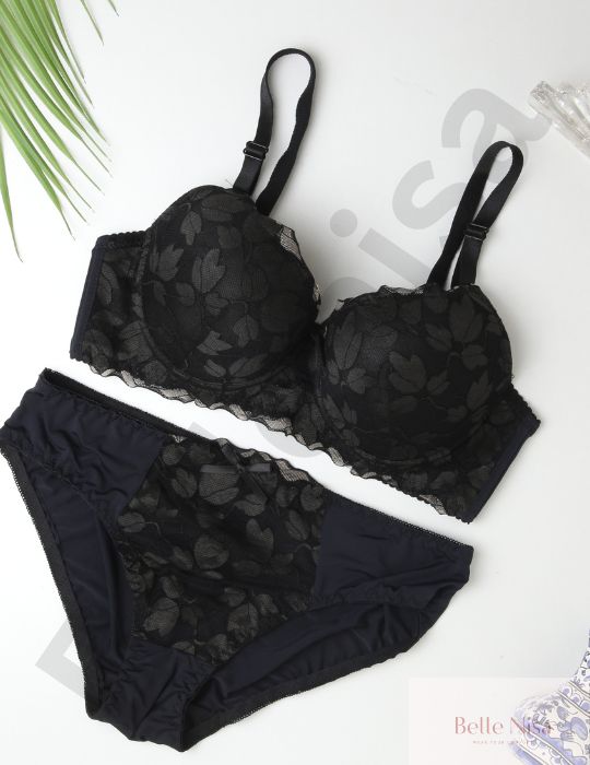Elegant Padded Leaf Lace Bra & Panty Set – Colorful & Feminine