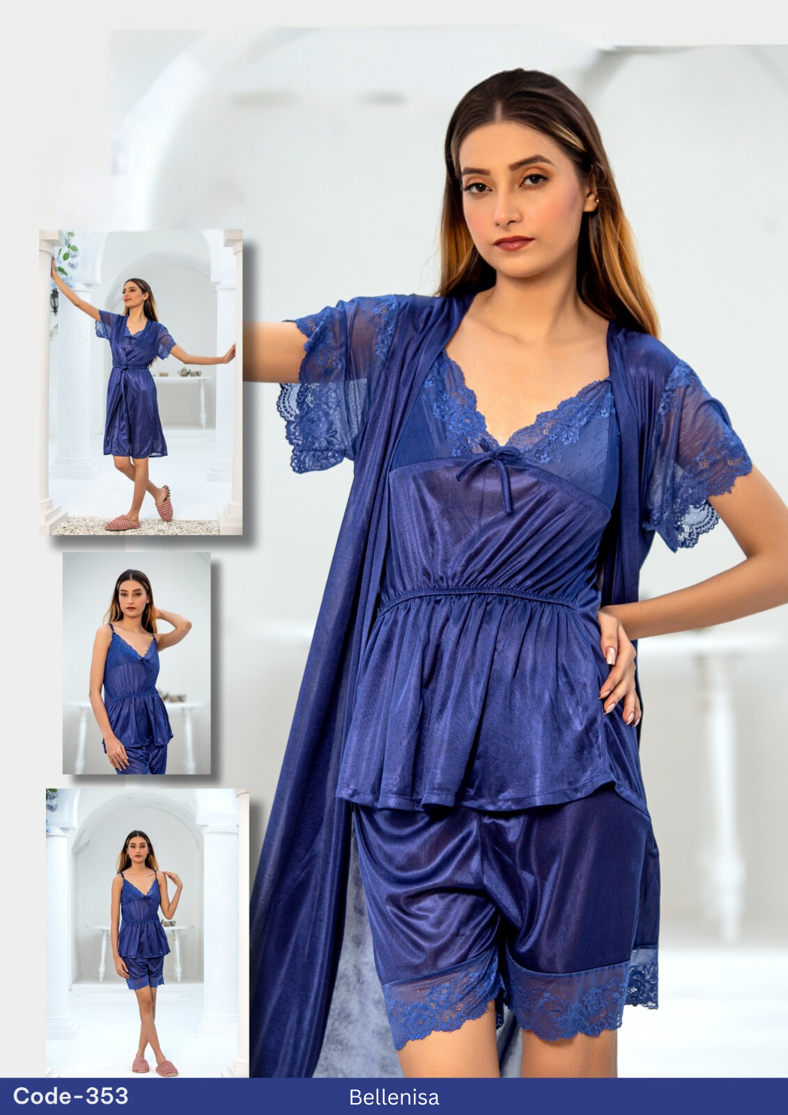 3-Piece Bridal Nighty Set – Short Gown, Camisole & Shorts-353