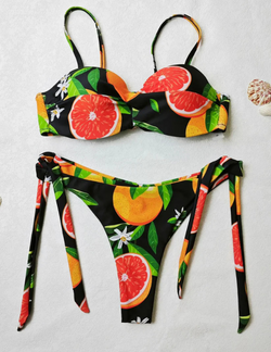 Leaf Fruit Print Pushup Thong Bikini set