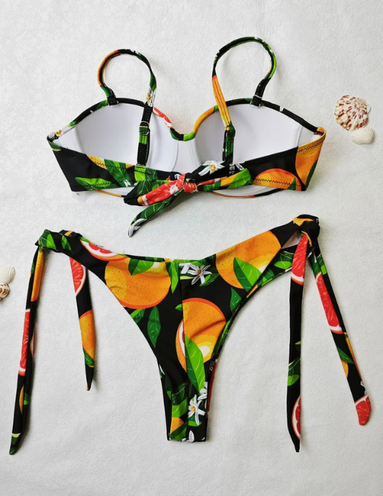 Leaf Fruit Print Pushup Thong Bikini set