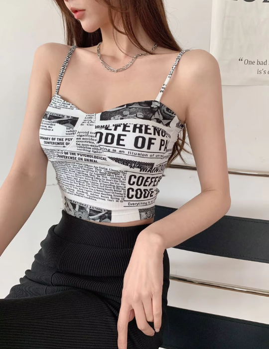 Trendy Newspaper Print Padded Camisole Top – Stylish and Comfortable for Women