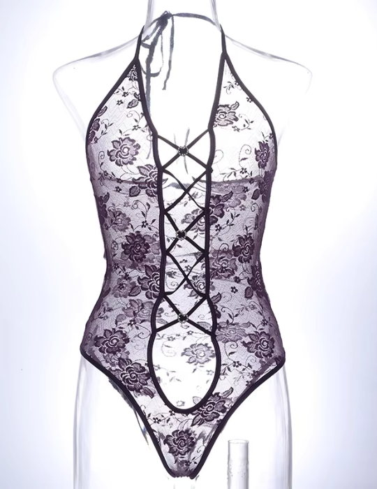 Lace Crisscross Bodysuit – Women’s Sheer Floral Lingerie