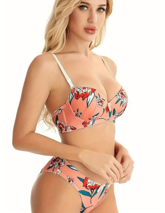 Floral Print Padded Bra and Panty Set