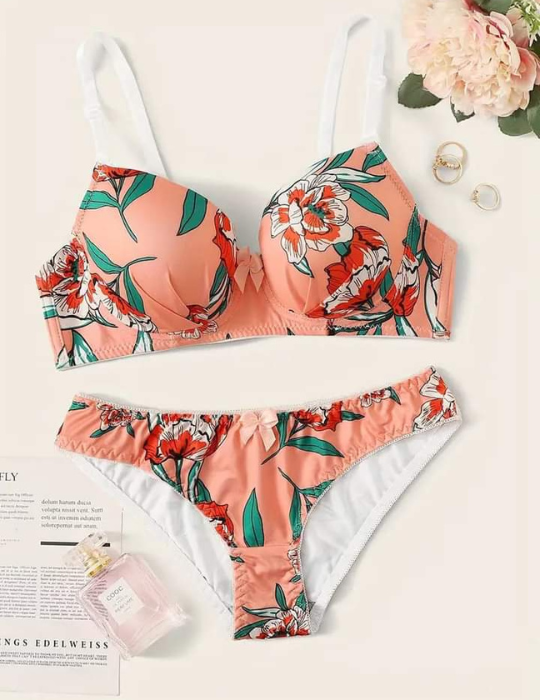 Floral Print Padded Bra and Panty Set