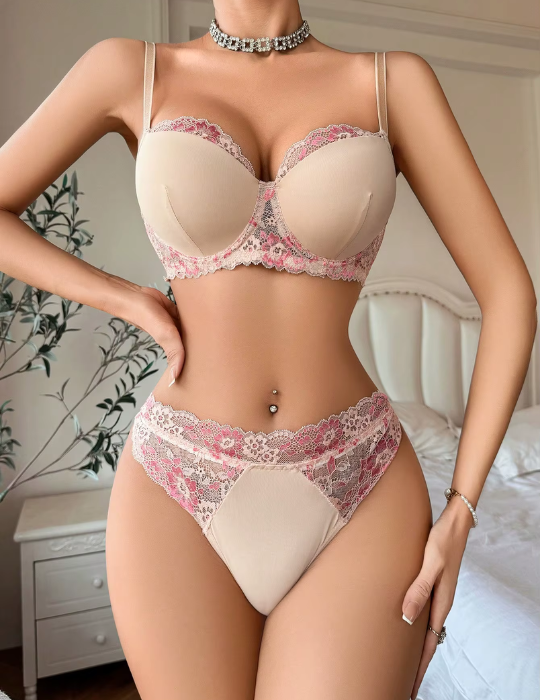 New Pink Floral Lace Patchwork Lingerie Set – Elegant Underwear with Steel Ring Support=2631