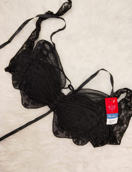 BelleNisa Backless Lace Butterfly Bra - Padded Tie-Up Halter Bralette-566