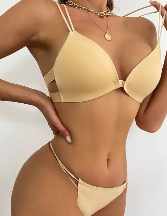 Seamless Strappy Padded Bra & Thong Set - Nude Color