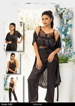 3-Piece Jersey Silk Nighty Set – Gown, Camisole & Trouser-358