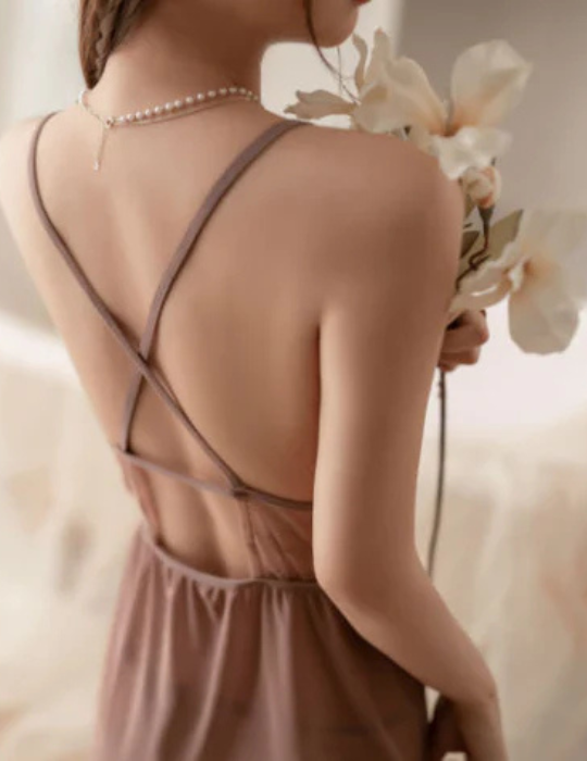 Romantic Taupe Lace Babydoll Lingerie Set with Sheer Flyaway Skirt - Women’s Intimate Nightwear