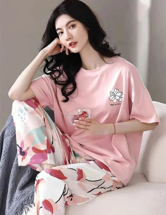Jersey Cotton Pajama Set - Half-Sleeve & Printed Trousers | BelleNisa