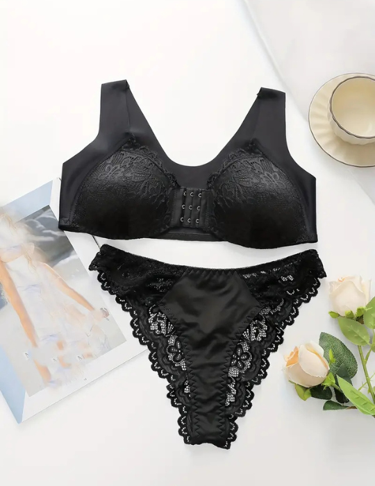 Sexy Lingerie Set, Floral Lace Front Closure Sleeveless Bra and Panty Set, Lingerie and Underwear for Women