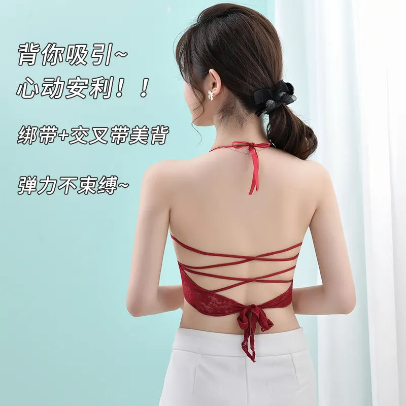 BelleNisa Backless Lace Butterfly Bra - Padded Tie-Up Halter Bralette-566