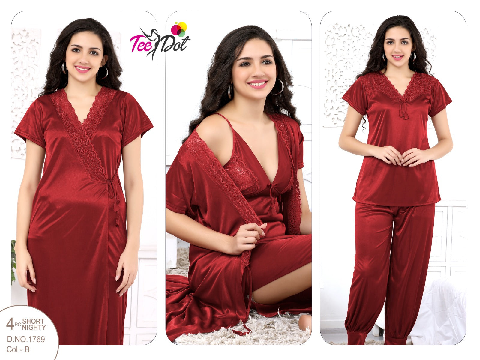 4-Piece Indian Silk Nighty Set – Gown, Long Inner, Shirt & Pajama | Luxury Nightwear for Women