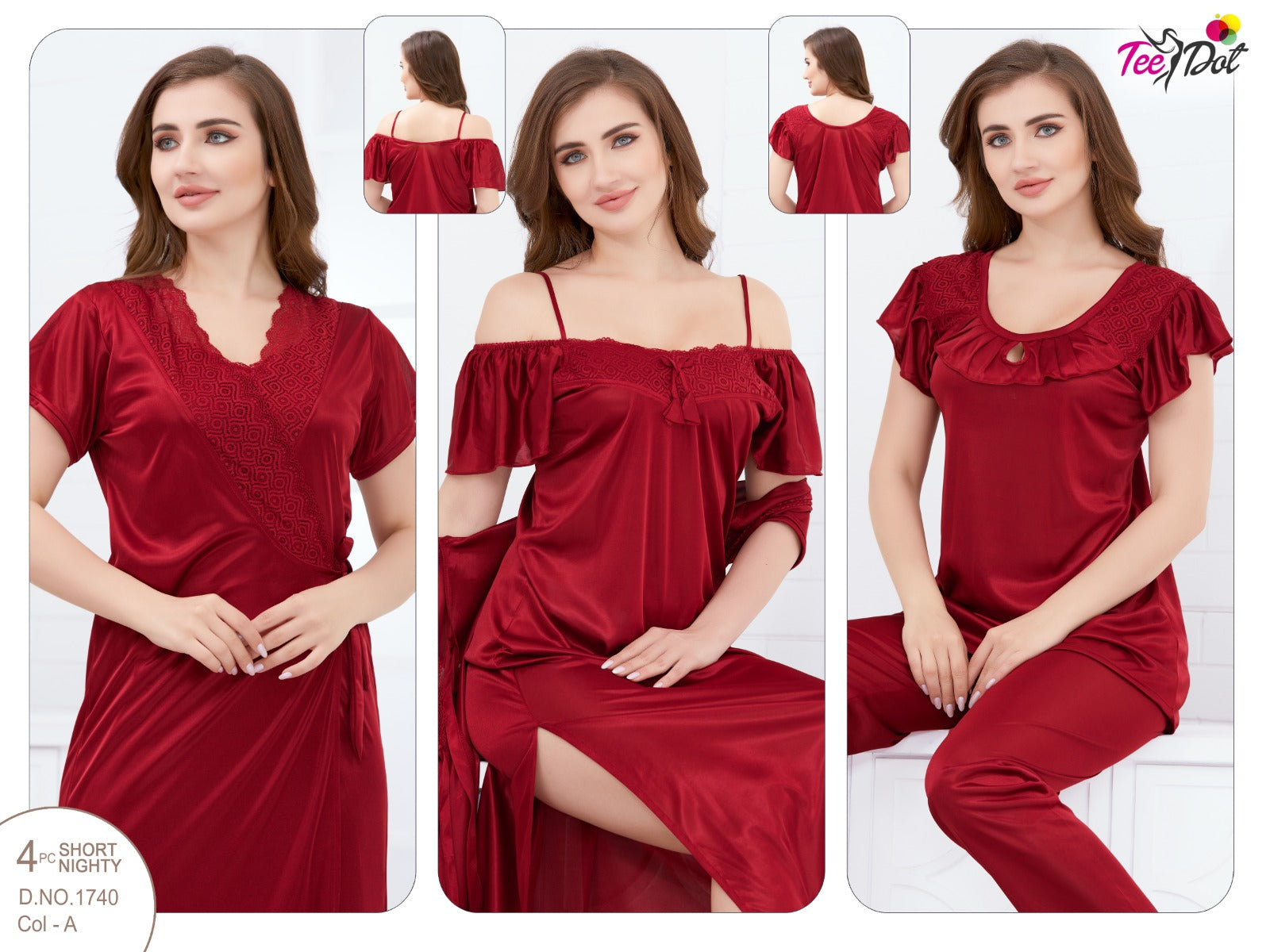 Elegant 4-Piece Indian Silk Nighty Set – Gown, Inner, Shirt & Pajama