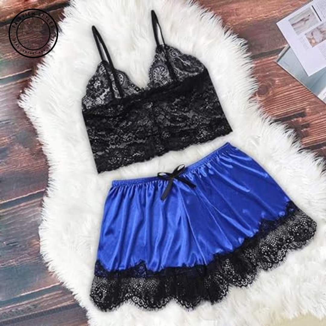 Blue Camisole Nighty Set – Sexy Net Top with Short Skirt | BelleNisa