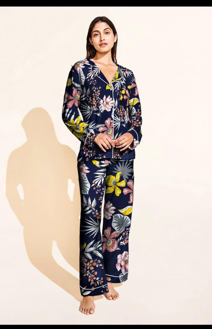 Floral Printed Linen Pajama Set – Soft & Breathable Nightwear | BelleNisa